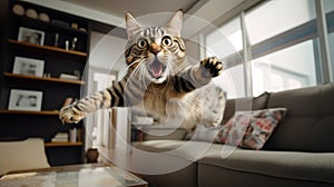 gray tabby young cat jumps in the apartment and flies in the air with a surprised muzzle. energetic cheerful cute cat
