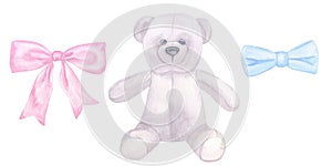 Gray teddy bear, blue pink bow, toy baby girl boy. Hand drawn watercolor illustration isolated on white background