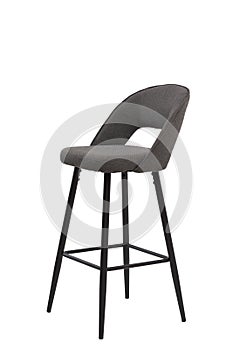 Gray textilebar stool isolated on white background. modern gray bar chair front view. soft comfortable upholstered tall