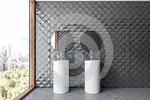 Gray tile bathroom interior, double sink