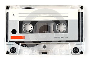 Gray transparent vintage audio cassette tape isolated on white background