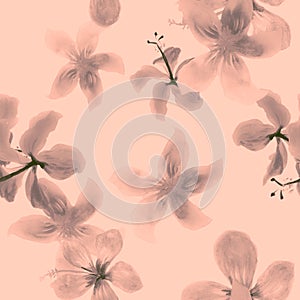 Gray Tropical Leaves. Coral Seamless Foliage. Pink Pattern Illustration.Flower Leaf. Drawing Leaf. Decoration Botanical.