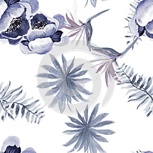 Gray Tropical Palm. White Seamless Background. Blue Pattern Illustration. Indigo Drawing Leaves. Cobalt Floral Hibiscus.