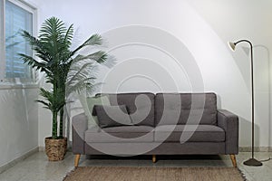 Gray two seater couch with two pillows lit from the side by a standing lamp