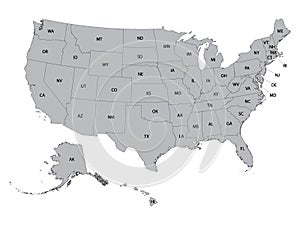 Gray USA Federal Map With State Names Abbreviations