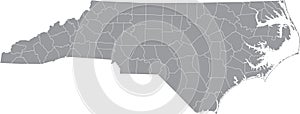 Gray counties map of North Carolina, USA