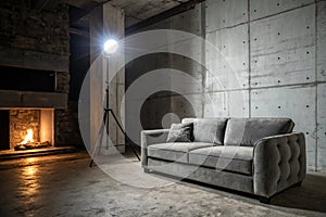 Gray velour sofa in dark room with artificial fireplace photo