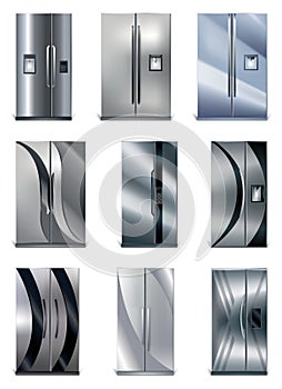 Gray vertical fridge set for preserve food. Silver refrigerators with two doors. Modern coolers for home, products