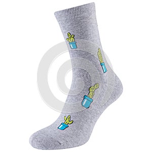 Gray voluminous sock with a pattern of many cacti in a pot, on a white background