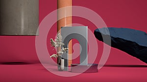 Gray wall with hole near round metallic podium display, levitating stone, pampas grass in geometric vase and different