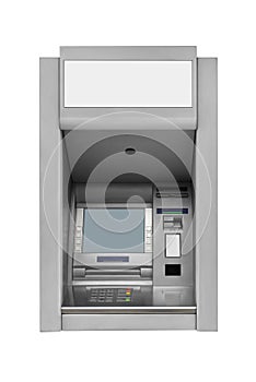 Gray wall mounted ATM cash machine with blank screen isolated on white