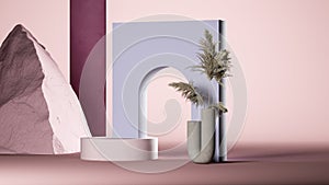 Gray wall with round hole near pampas grass and stone on nude beige background. Magic realism. Abstract modern art. 3d