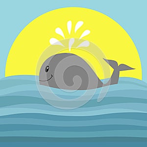 Gray whale with water fountain. Sea ocean wave. Sunset. Cute cartoon character with eyes, tail, fin. Smiling face. Kids baby anima