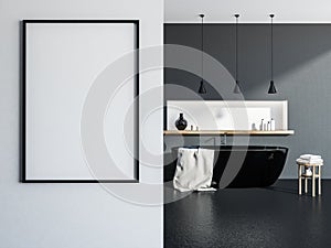Gray and white bathroom interior black tub, poster