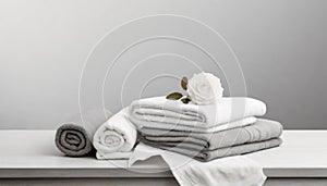 Gray white bed linen, a sheet and two rolled up towels on the table with copy space