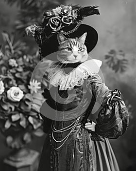 A gray and white cat dressed in period women's fashion poses against a blurred floral background.