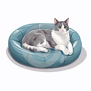 a gray and white cat is laying on a blue dog bed with a green eyeshade on a white background, looking at the camera