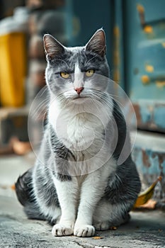 A gray and white cat sitting on the ground