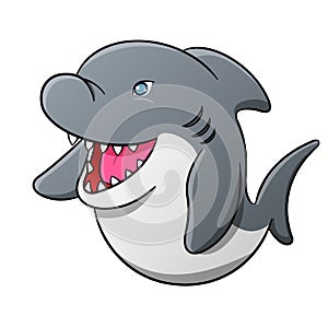 Gray and white cute fat cartoon shark open mouth smiling sly face vector illustration