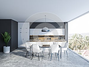 Gray and white dining room and kitchen interior