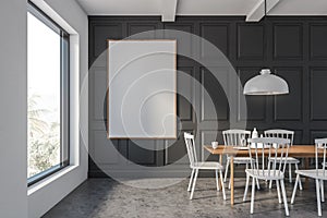 Gray and white dining room with poster