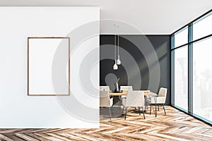 Gray and white dining room with poster