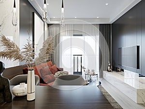 Gray and white interior of the living room with a red sofa in a modern design. 3d rendering