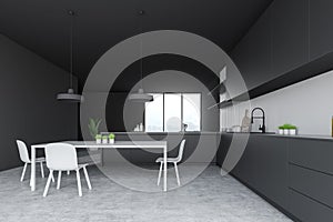 Gray and white kitchen interior, counter and table