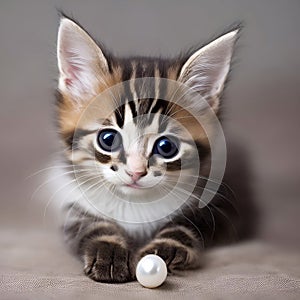 Gray-white kitten with black stripes with a pearl in its paws