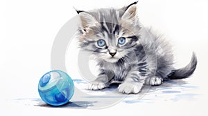 Gray and white kitten plays with a blue ball. Illustration aquarelle of a playful cat on white background. AI Generated