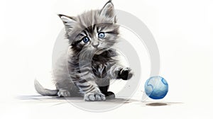 Gray and white kitten plays with a blue ball. Illustration aquarelle of a playful cat on white background. AI Generated