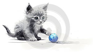 Gray and white kitten plays with a blue ball. Illustration aquarelle of a playful cat on white background. AI Generated