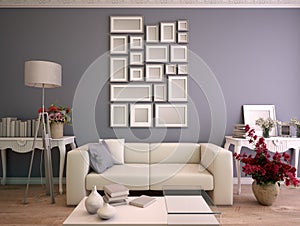 Gray and white Living room with mock up picture frame arrangement