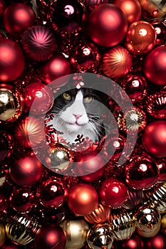 Maine Coon Cat looking through a hole in red christmas bauble decorations