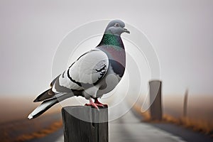 Gray and white pigeon is snapped on roadside filled with morning mist and dues.