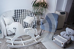 Gray-white room with a small sofa, blanket, carpet, baby, machine and plant photo