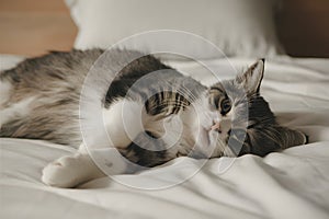 Gray and white tabby cat lounging on white bedspread gazes up peacefully