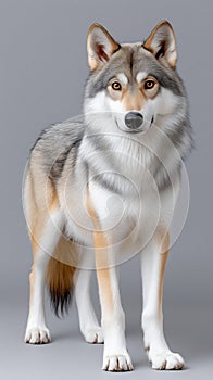 A gray and white wolf standing in front of a gray background