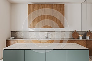 Gray, white and wooden kitchen interior with island