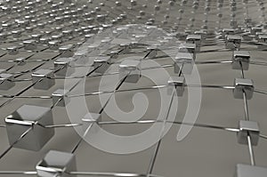 Gray wireframe metallic cubes mesh with ball wave landscape abstract background. Big data 3d illustration.