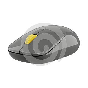 Gray Wireless Computer Mouse with Yellow Scroll Wheel on White Background technology device