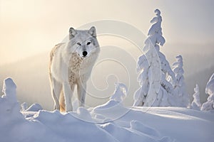 Gray wolf in the cold snowy winter forest at sunrise. Amazing Wildlife. Generative Ai