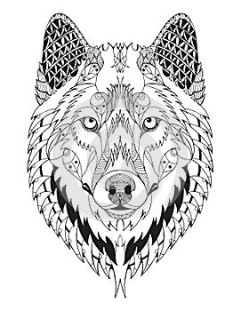 Gray wolf head zentangle stylized