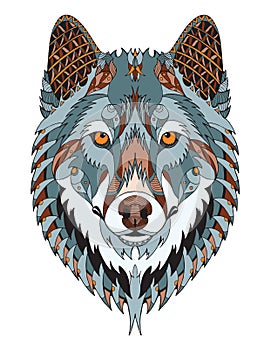 Gray wolf head zentangle stylized, vector, illustration, freehand pencil, hand drawn, pattern. Zen art. Ornate vector. Color.