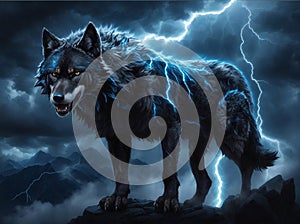 Gray wolf howling at night in storm, ai generated