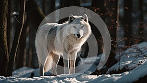 Gray wolf standing in snow, watching tranquility generated by AI