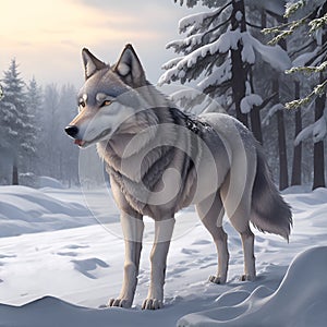 Gray wolf is standing on a snowy field. Winter realistic illustrator landscape. A gray wolf standing in a mountain valley with