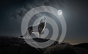 A gray wolf on a rock howling at the moon, showcasing its wild, generative AI