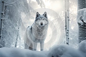 Gray wolf walks through a snowy winter forest. European wolf in natural habitat. Wild life