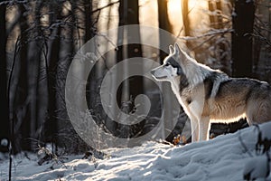 Gray wolf walks through a snowy winter forest. European wolf in natural habitat. Wild life